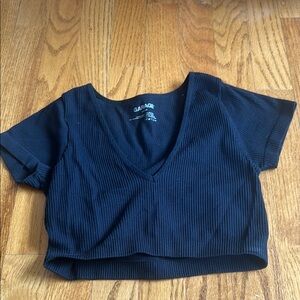 Garage Black V-Neck Ribbed Tee Crop Top
